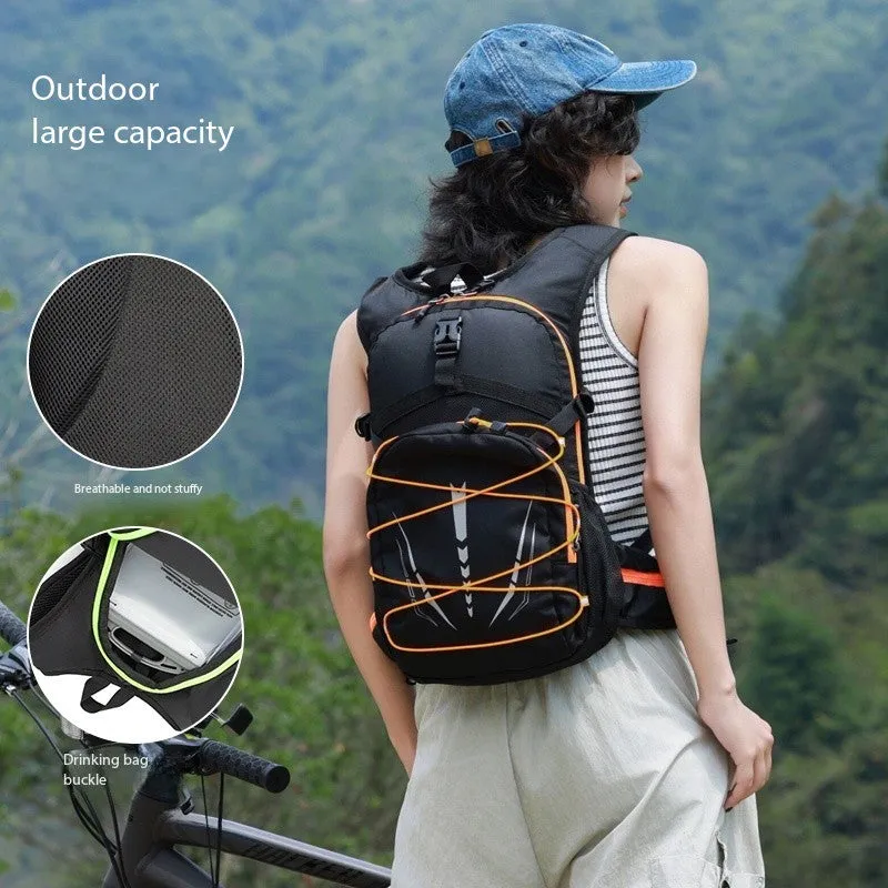 Lightweight breathable mesh hydration backpack with reflective details in black, suitable for trail running and mountain biking