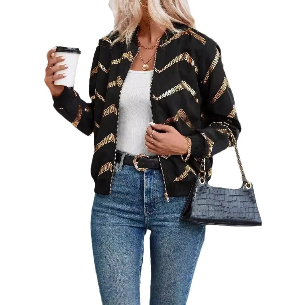 Women's black polyester spring jacket with gold zigzag print, conventional sleeves, shown on model
