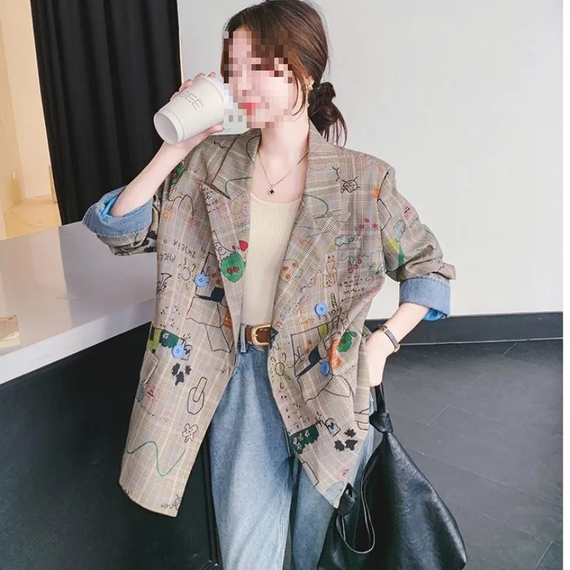 Loose polyester retro coat with graffiti plaid pattern, sleeveless, available in multiple sizes