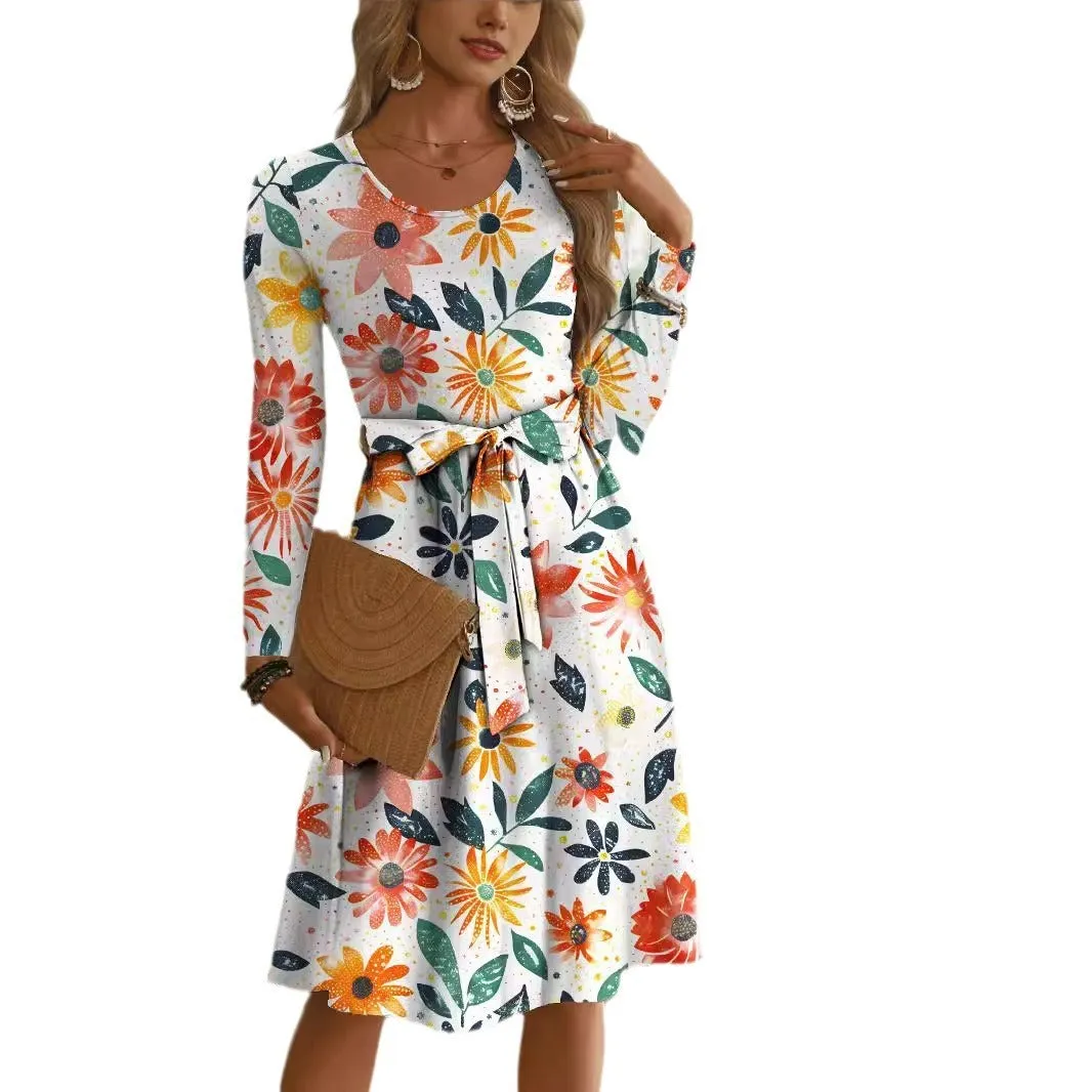 Round neck long sleeve mid-waist printed polyester dress for women, pullover style, available in multiple sizes