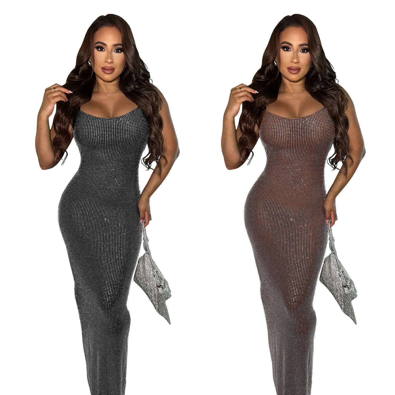 Women's mesh drilling backless bodycon dress in C7551 Black, polyester, long sheath style