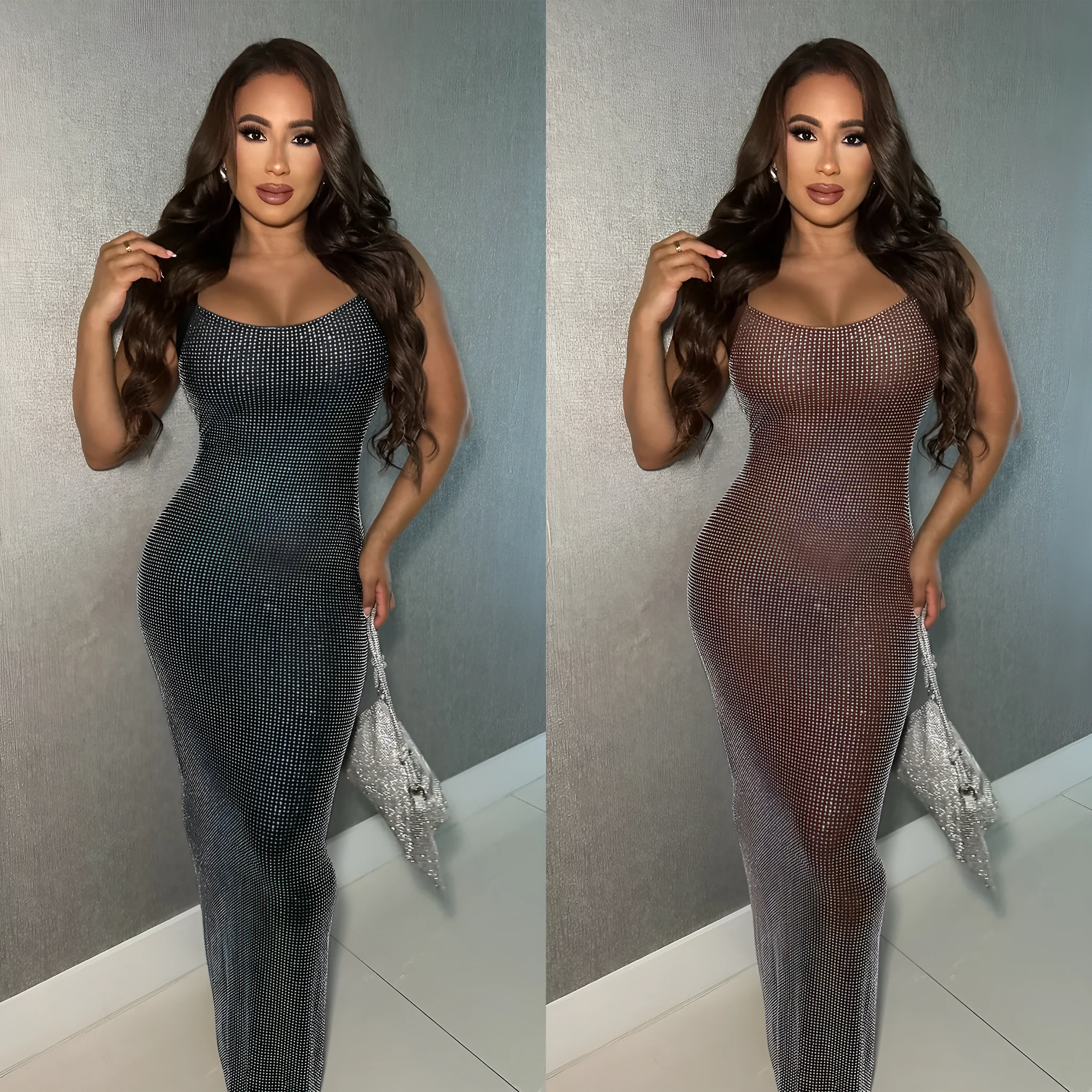Women's mesh drilling backless bodycon dress in C7551 Black, polyester, long sheath style