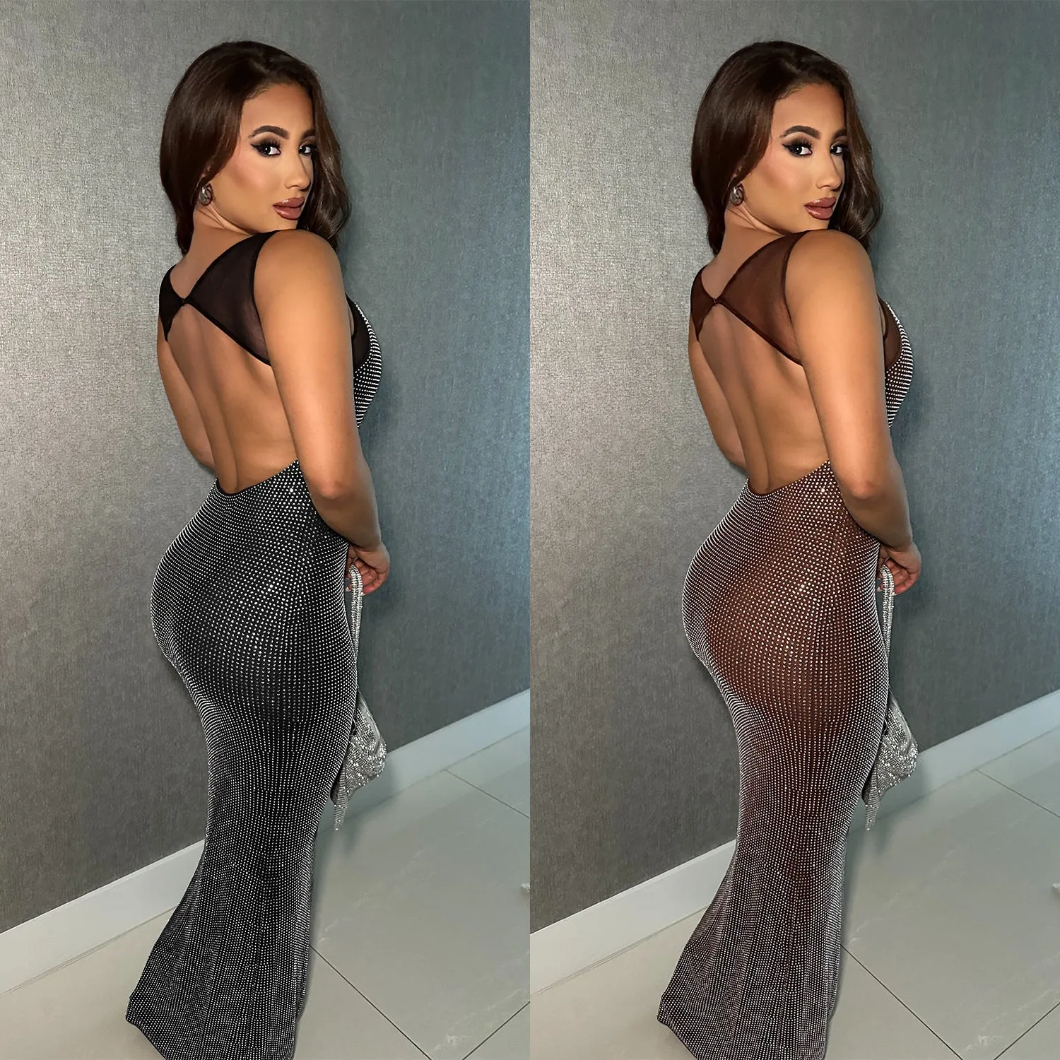 Women's mesh drilling backless bodycon dress in C7551 Black, polyester, long sheath style