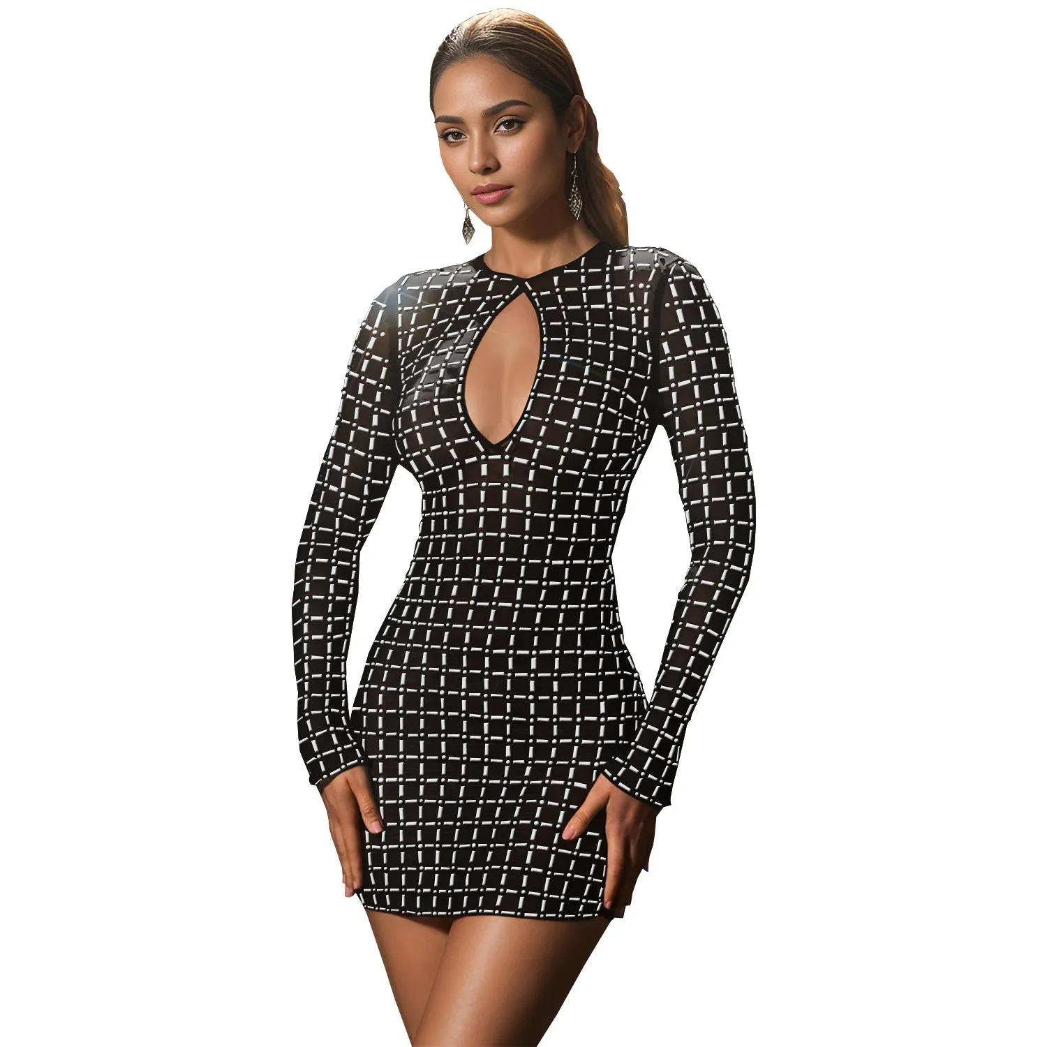Women's backless rhinestone long sleeve dress in black, short skirt, polyester fabric, sizes S to XXL