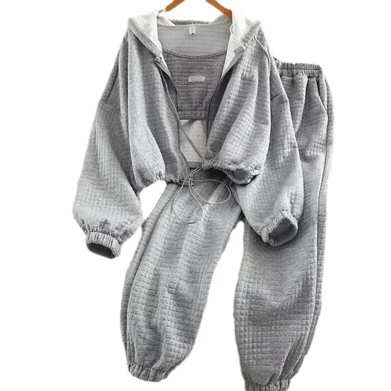 Waffle fabric hooded cardigan zipper sports three-piece suit in black with vest and trousers