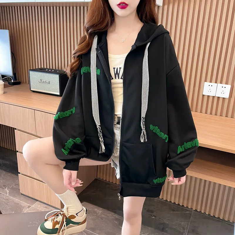 Loose large letter hooded cardigan coat for women in apricot with black lettering, long sleeves, and relaxed fit