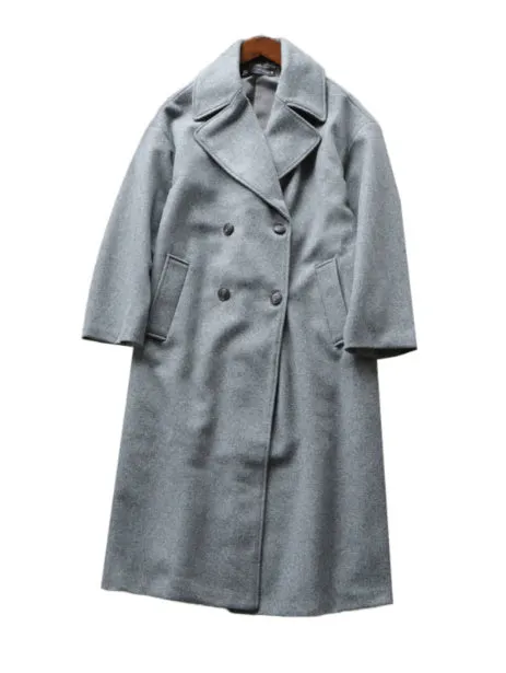 Gray mid-length double breasted woolen coat for women with button front and loose fit