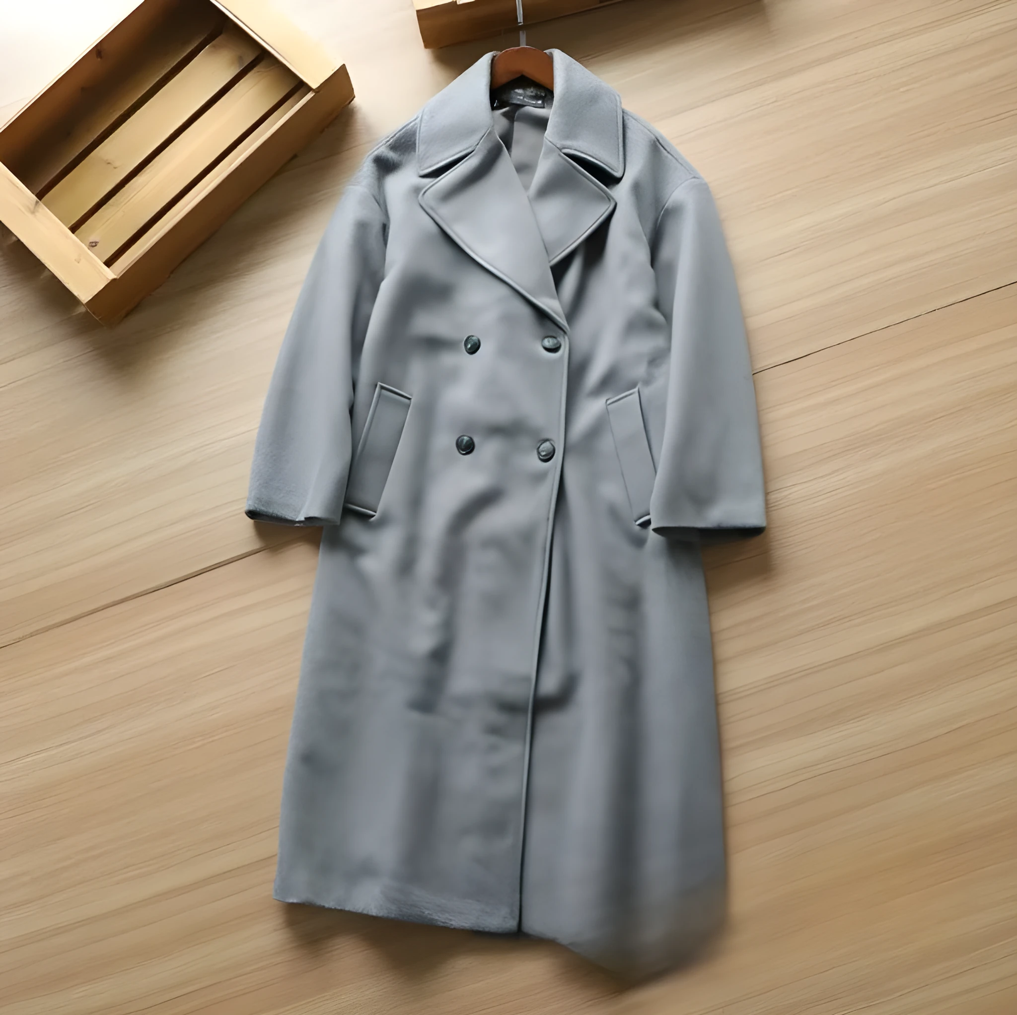 Gray mid-length double breasted woolen coat for women with button front and loose fit