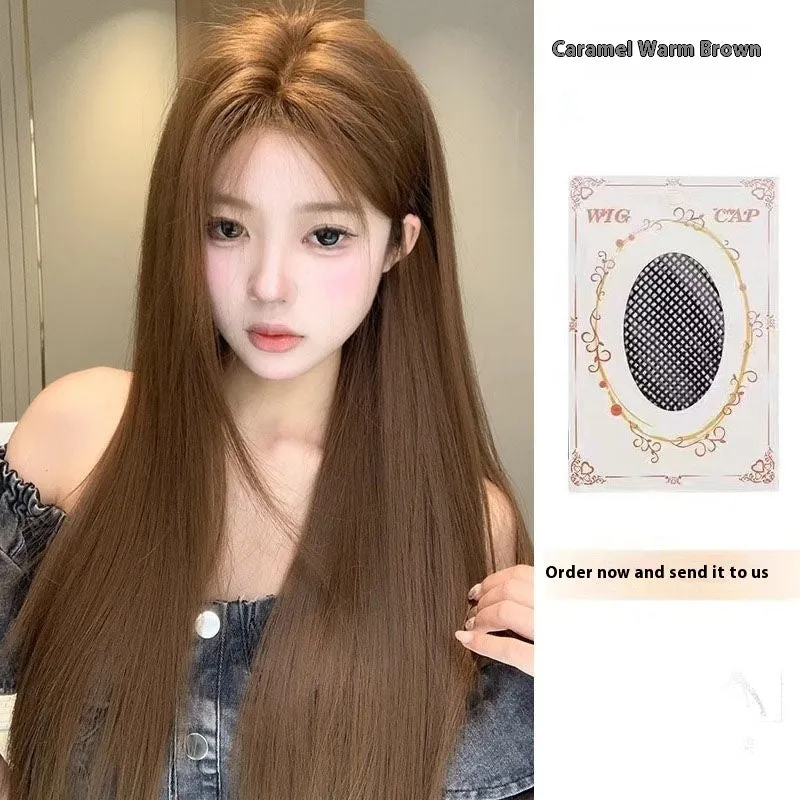 Warm brown lace front wig with centre-parted bangs and long straight synthetic hair
