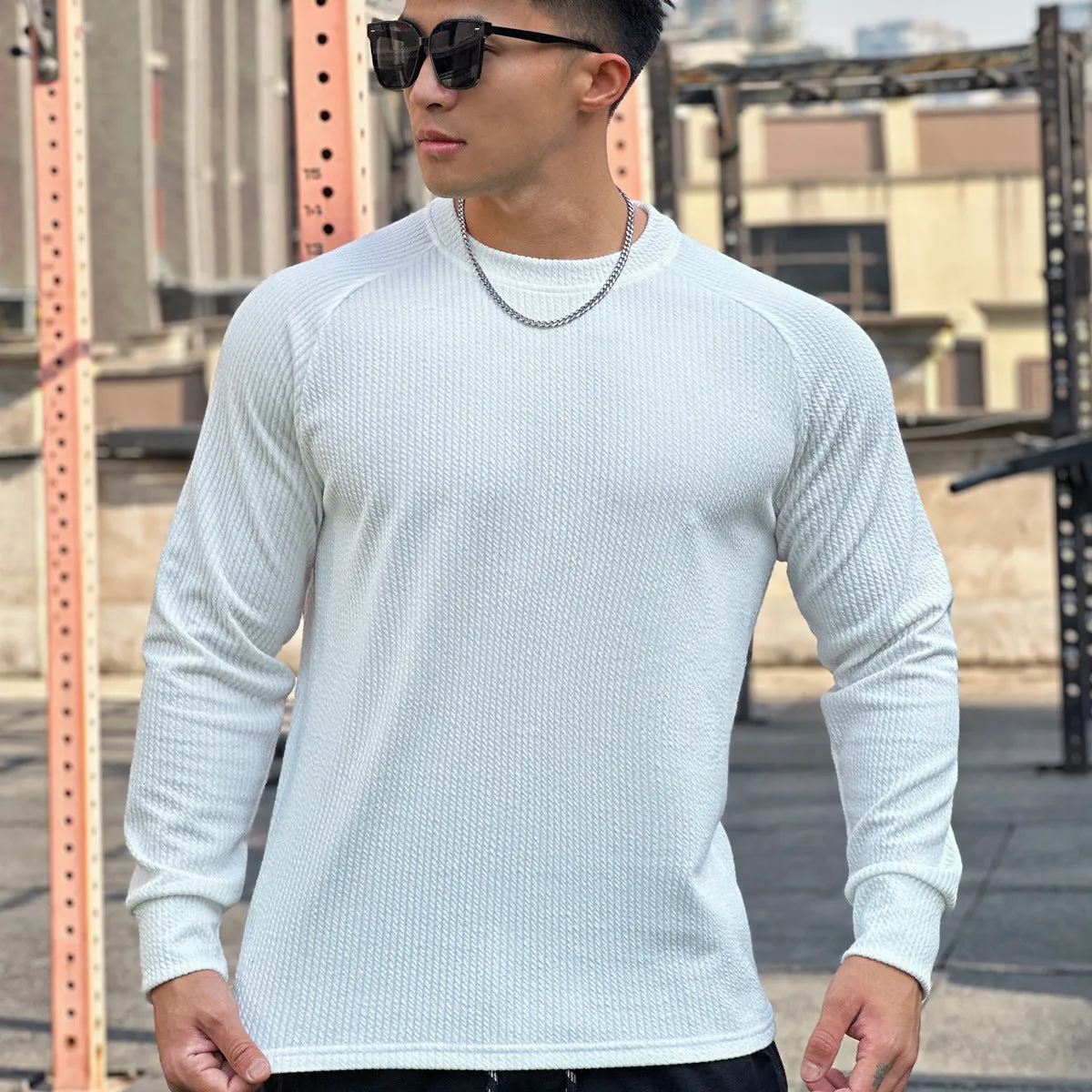 Men's crew neck casual plus size pullover long sleeve solid colour polyester top in black, white, dark grey, dark green, light grey, sizes M to 3XL
