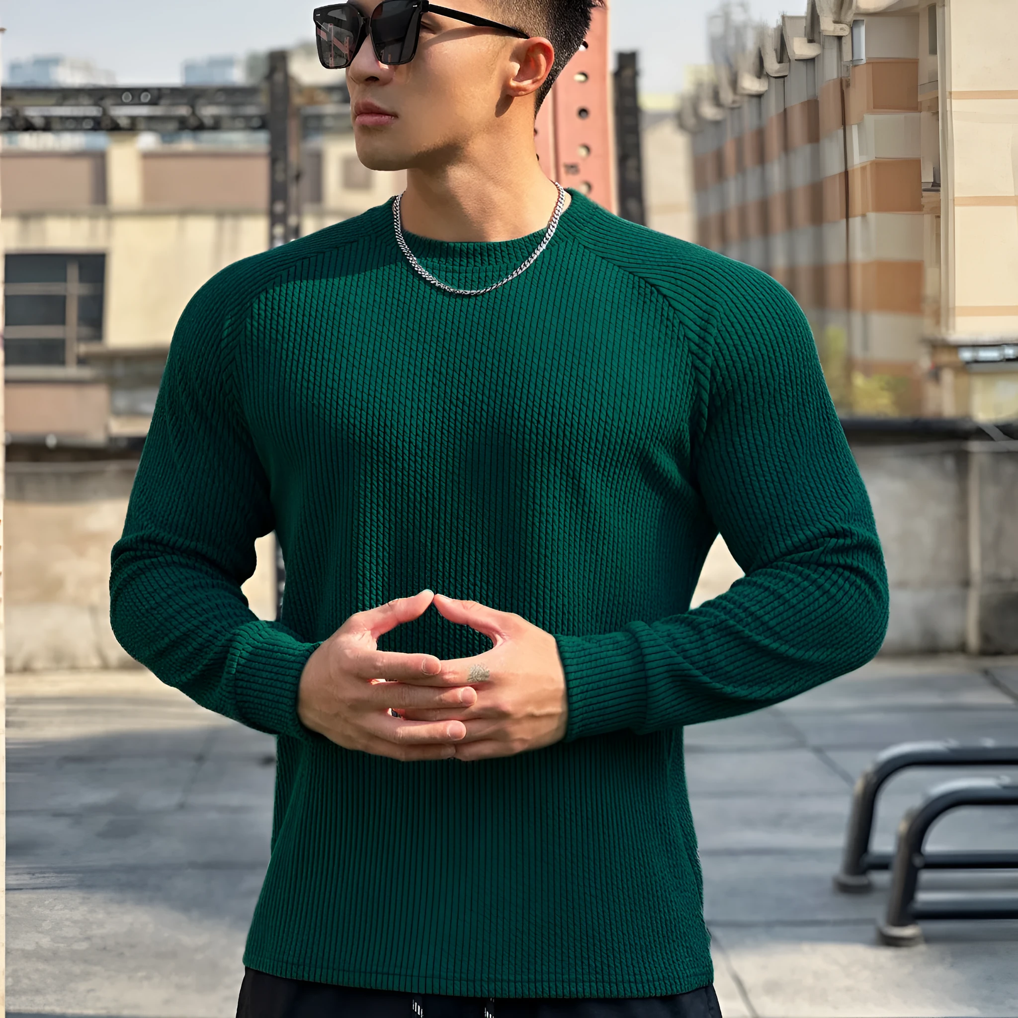 Men's crew neck casual plus size pullover long sleeve solid colour polyester top in black, white, dark grey, dark green, light grey, sizes M to 3XL