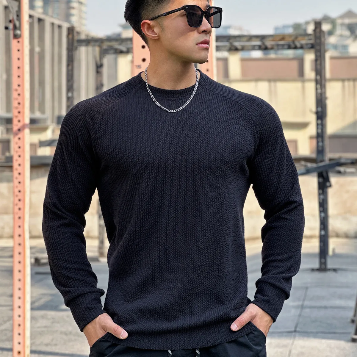 Men's crew neck casual plus size pullover long sleeve solid colour polyester top in black, white, dark grey, dark green, light grey, sizes M to 3XL