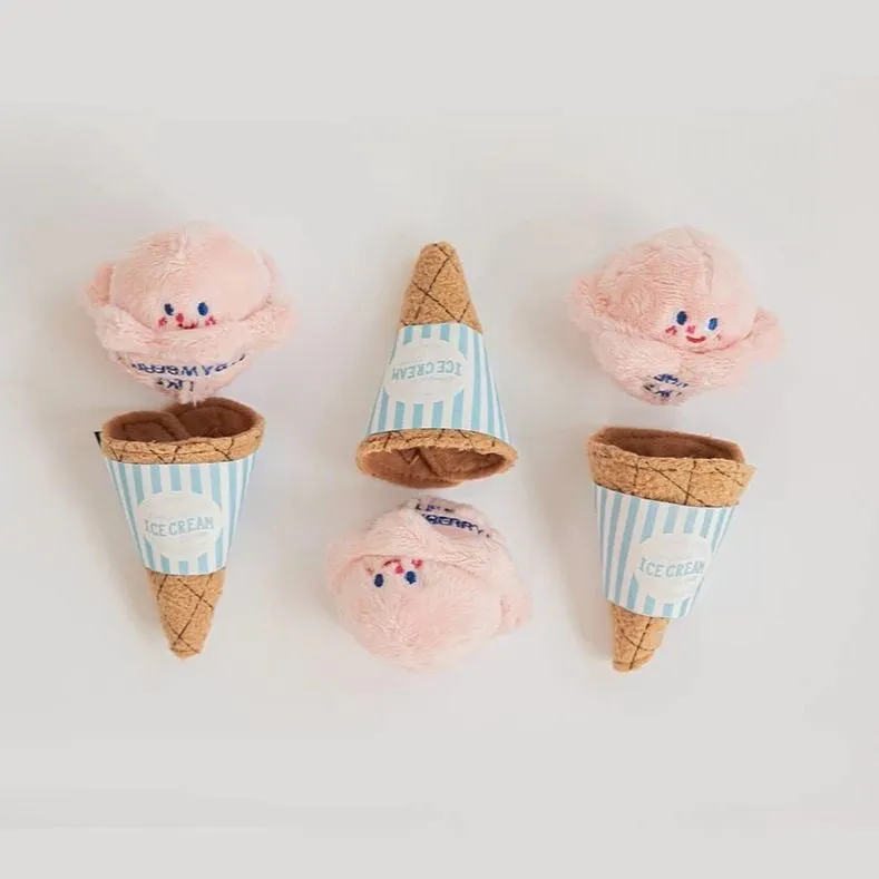 Fleece ice cream squeaky pet toy in lake blue and pink, 13cm long