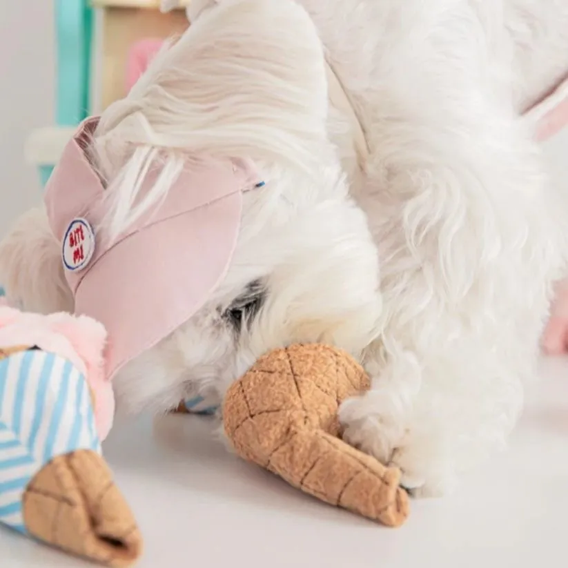 Fleece ice cream squeaky pet toy in lake blue and pink, 13cm long