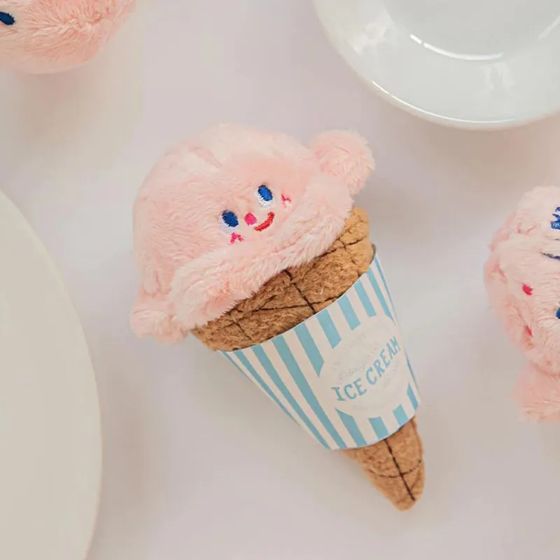 Fleece ice cream squeaky pet toy in lake blue and pink, 13cm long