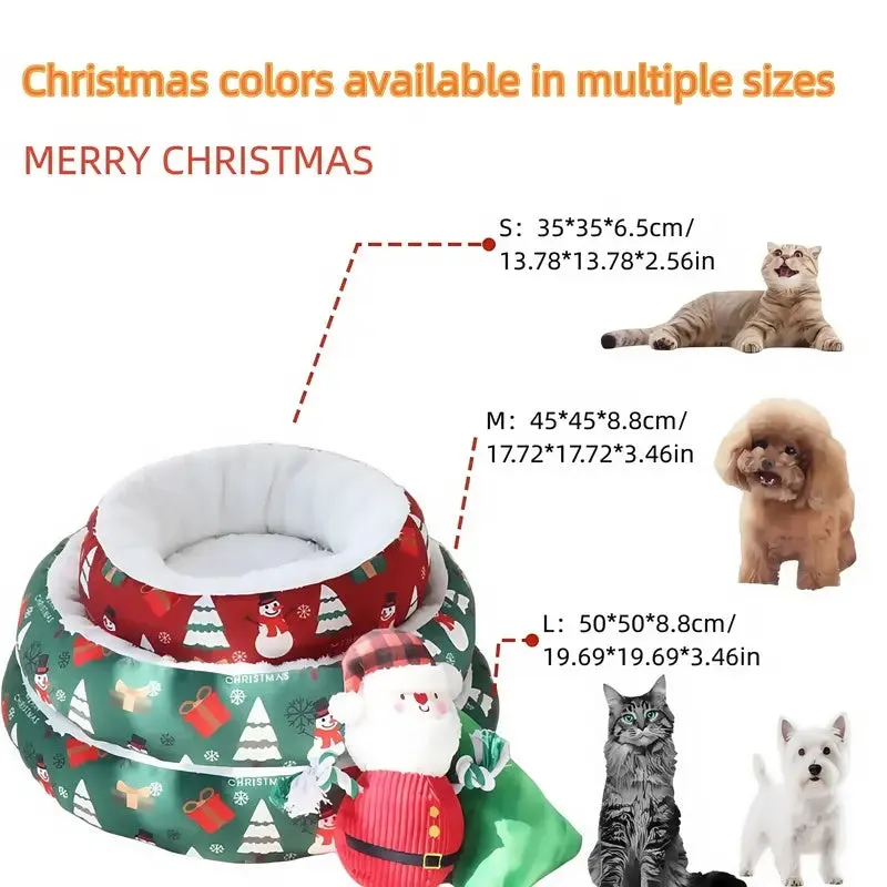 Christmas pet bed for dogs and cats, red and green flannel with snowman print, antislip base, 50cm size