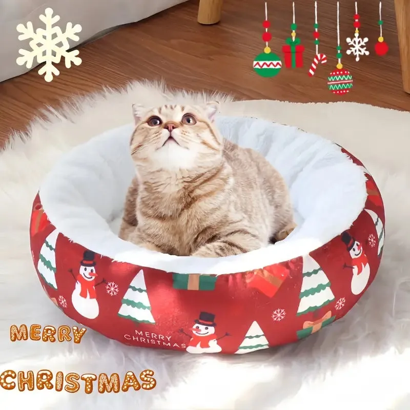 Christmas pet bed for dogs and cats, red and green flannel with snowman print, antislip base, 50cm size