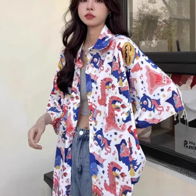 Women's summer retro full printed short-sleeved shirt in loose fit polyester, available in multiple sizes