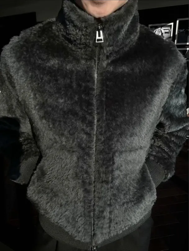Men's fashion autumn and winter plush zipper jacket in black with front zip closure