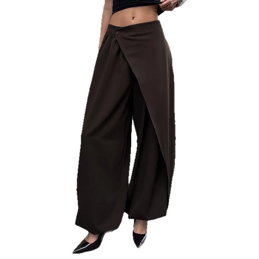 Women's fashion casual irregular wide-leg cropped pants in coffee colour, high waist, front view