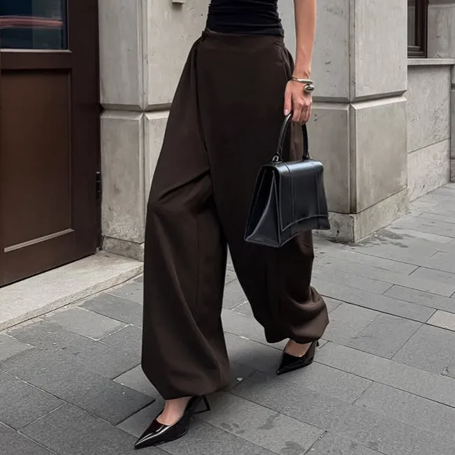 Women's fashion casual irregular wide-leg cropped pants in coffee colour, high waist, front view