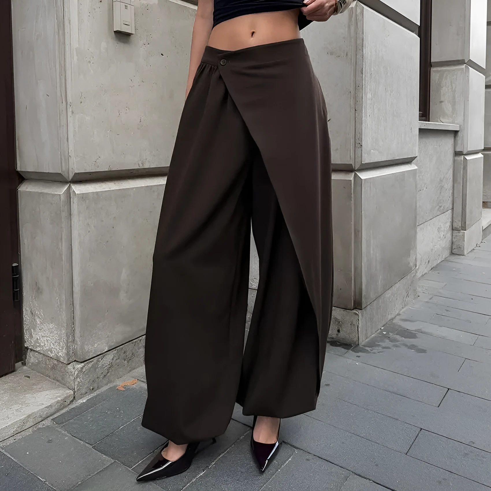 Women's fashion casual irregular wide-leg cropped pants in coffee colour, high waist, front view