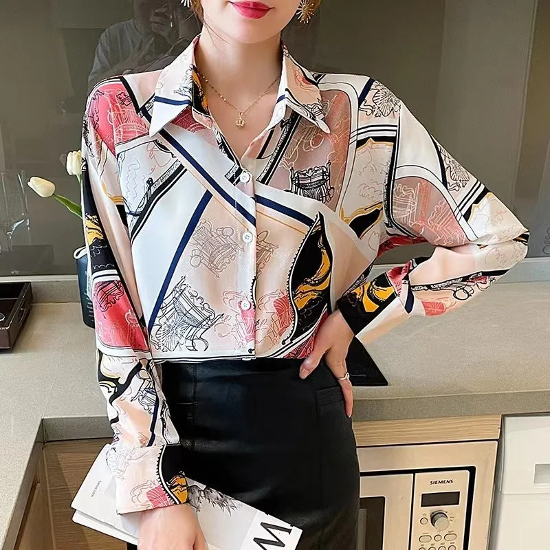 Women's loose fit printed long-sleeved chiffon shirt in blue, polyester fabric, front view