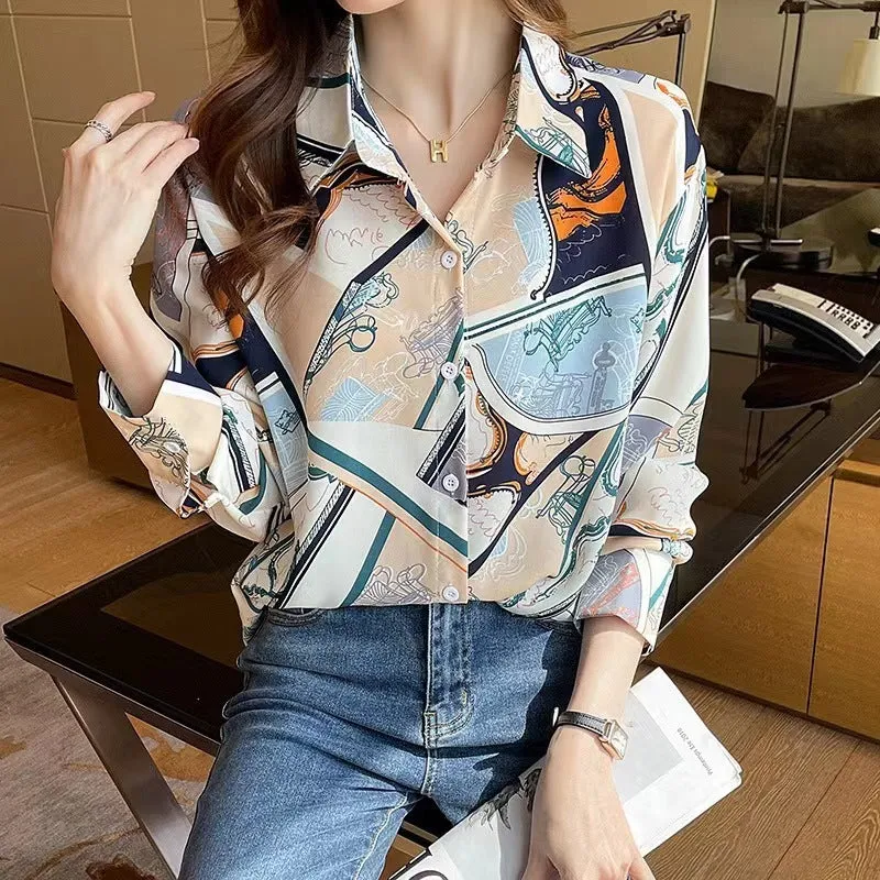 Women's loose fit printed long-sleeved chiffon shirt in blue, polyester fabric, front view