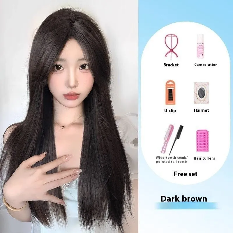 Forehead lace long straight synthetic wig with side bangs in dark brown colour
