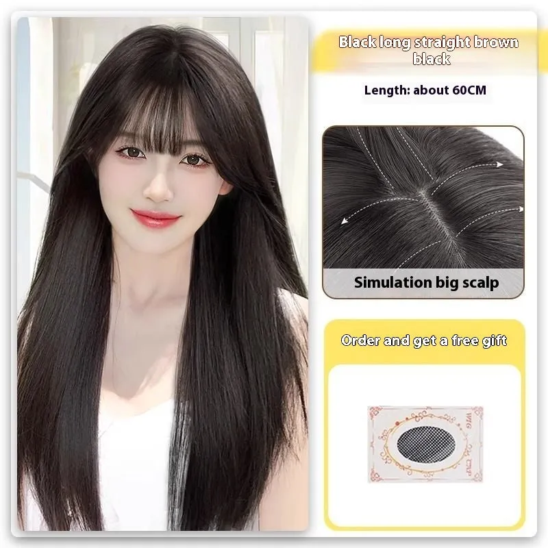 Forehead lace long straight synthetic wig with side bangs in dark brown colour