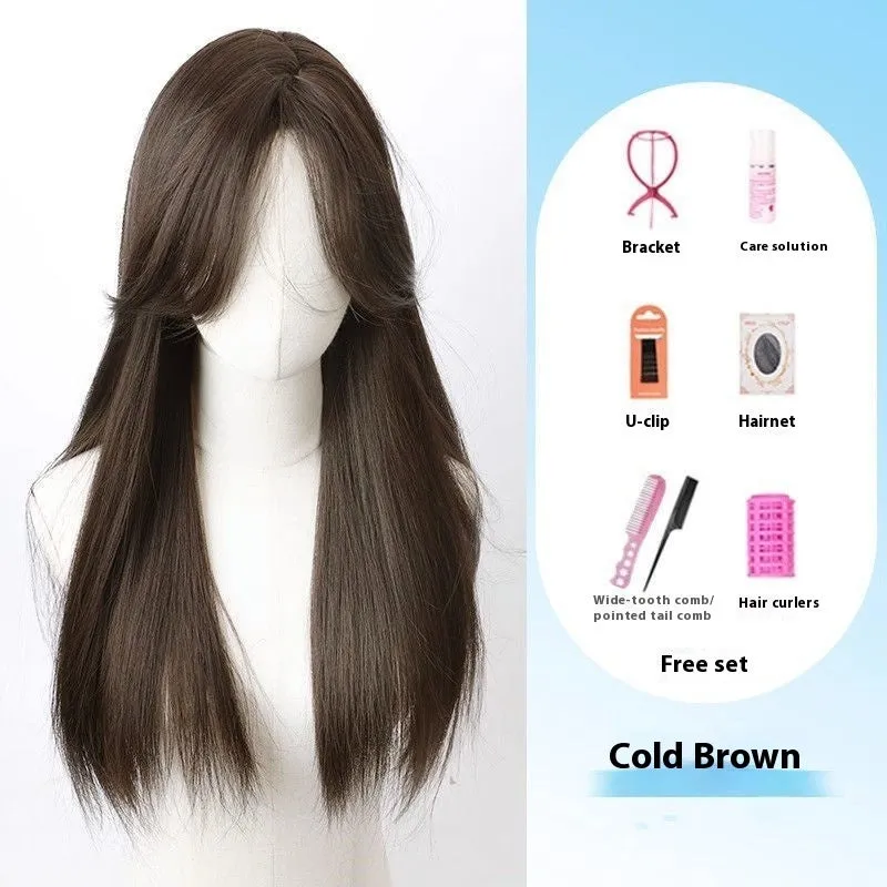 Forehead lace long straight synthetic wig with side bangs in dark brown colour