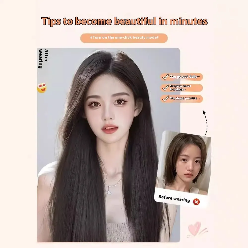 Forehead lace long straight synthetic wig with side bangs in dark brown colour