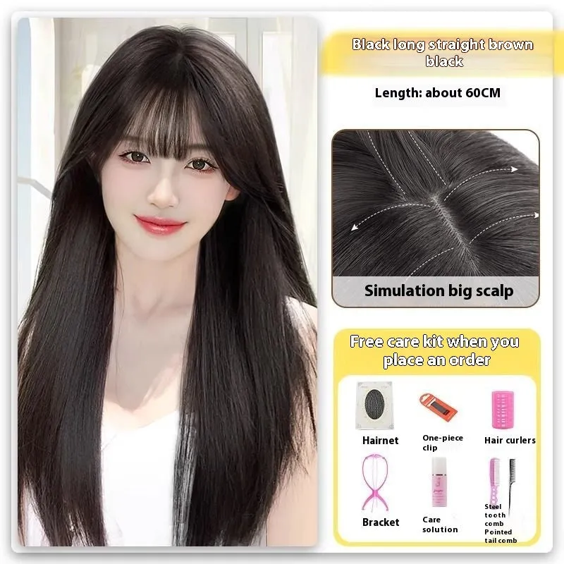 Forehead lace long straight synthetic wig with side bangs in dark brown colour