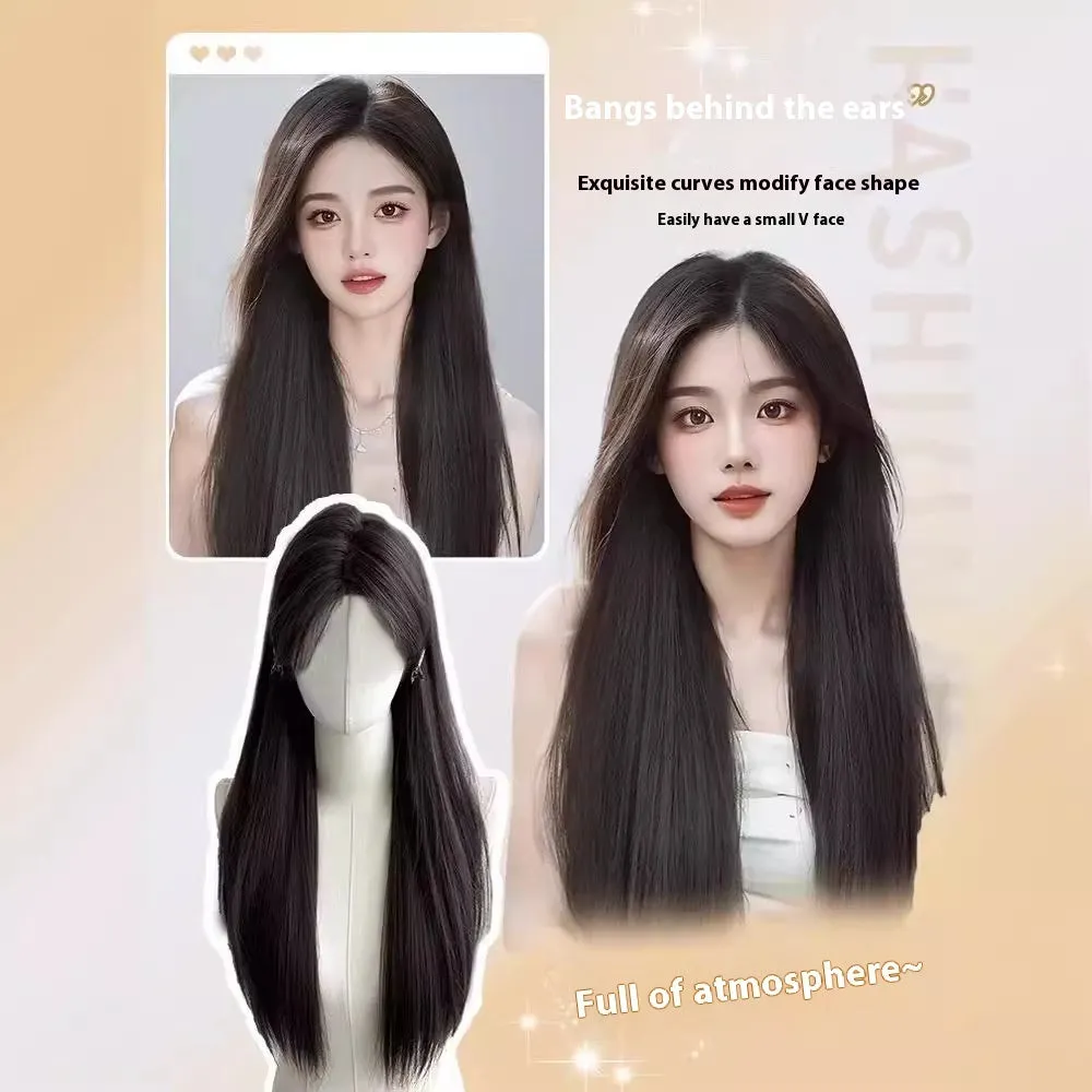 Forehead lace long straight synthetic wig with side bangs in dark brown colour