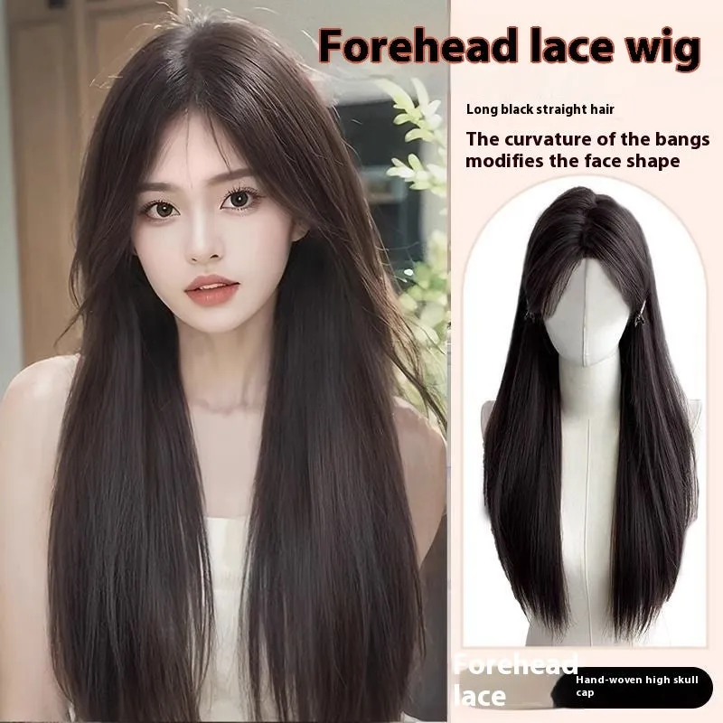 Forehead lace long straight synthetic wig with side bangs in dark brown colour