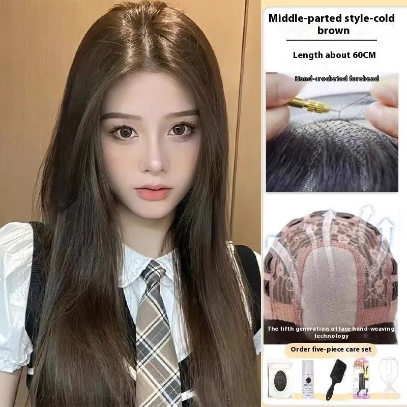 Forehead lace long straight synthetic wig with side bangs in dark brown colour