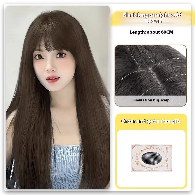 Forehead lace long straight synthetic wig with side bangs in dark brown colour