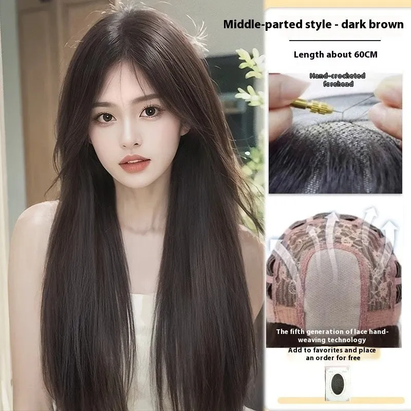 Forehead lace long straight synthetic wig with side bangs in dark brown colour