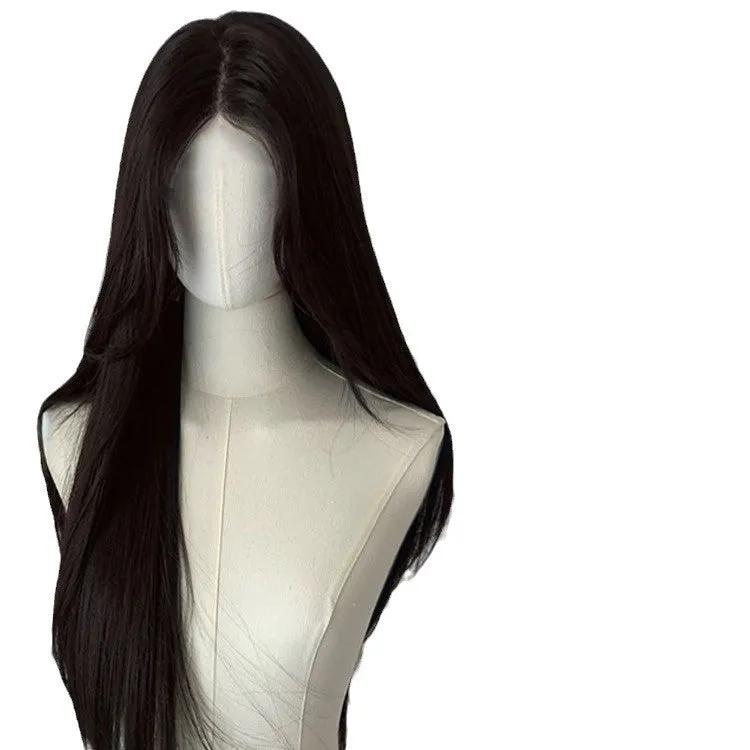 Forehead lace long straight synthetic wig with side bangs in dark brown colour