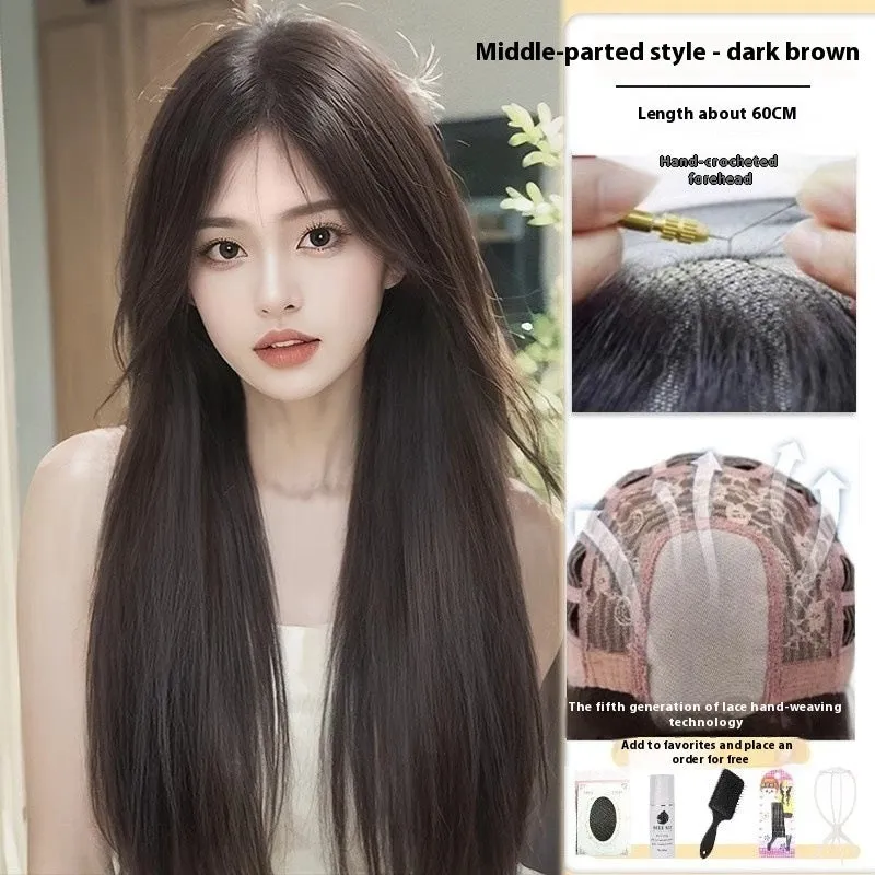 Forehead lace long straight synthetic wig with side bangs in dark brown colour