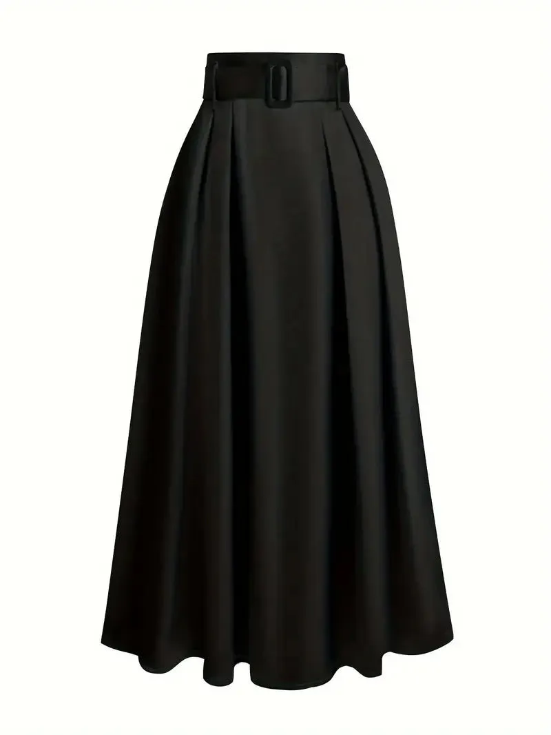Women's high waist pure color satin skirt with lace-up detail in black, front view
