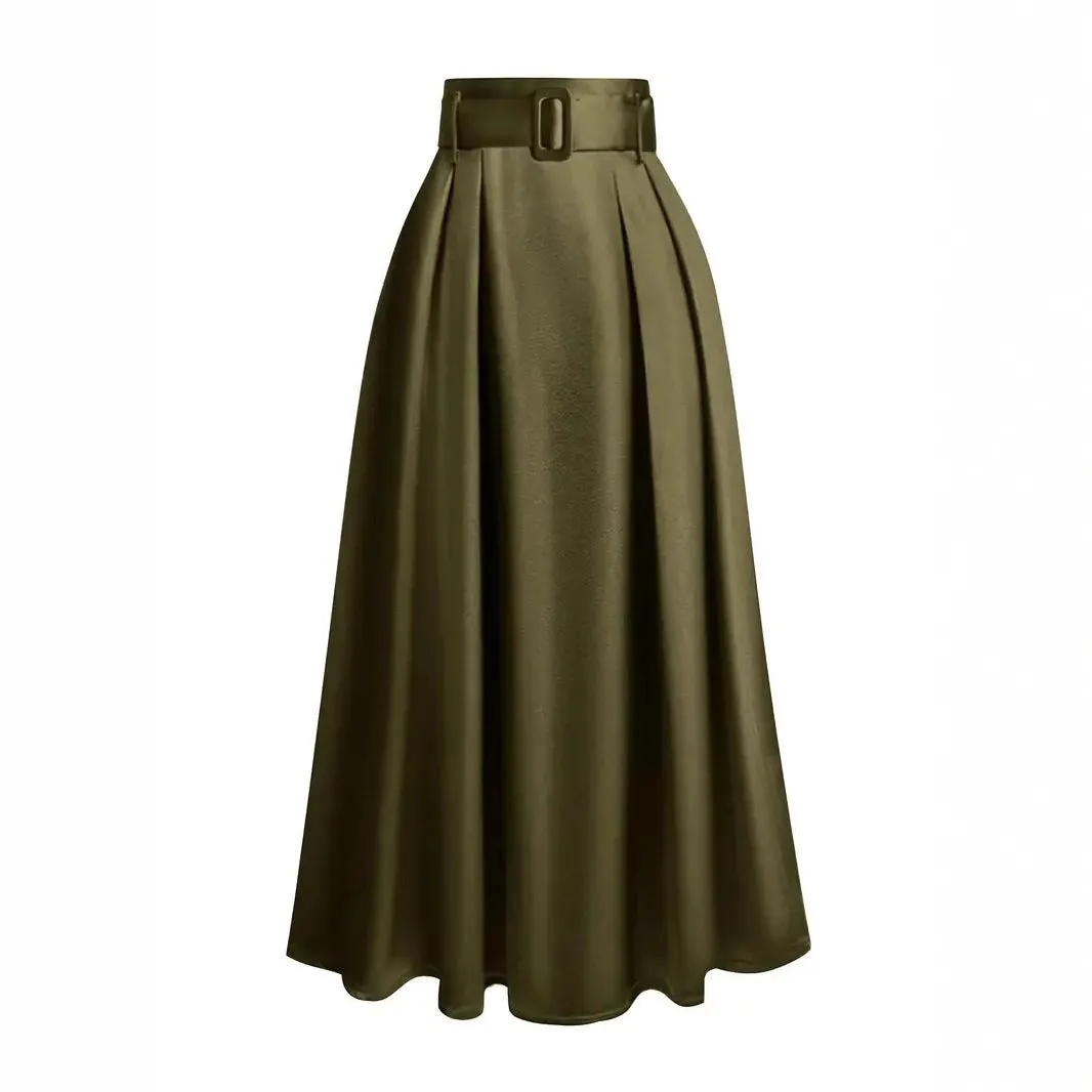Women's high waist pure color satin skirt with lace-up detail in black, front view