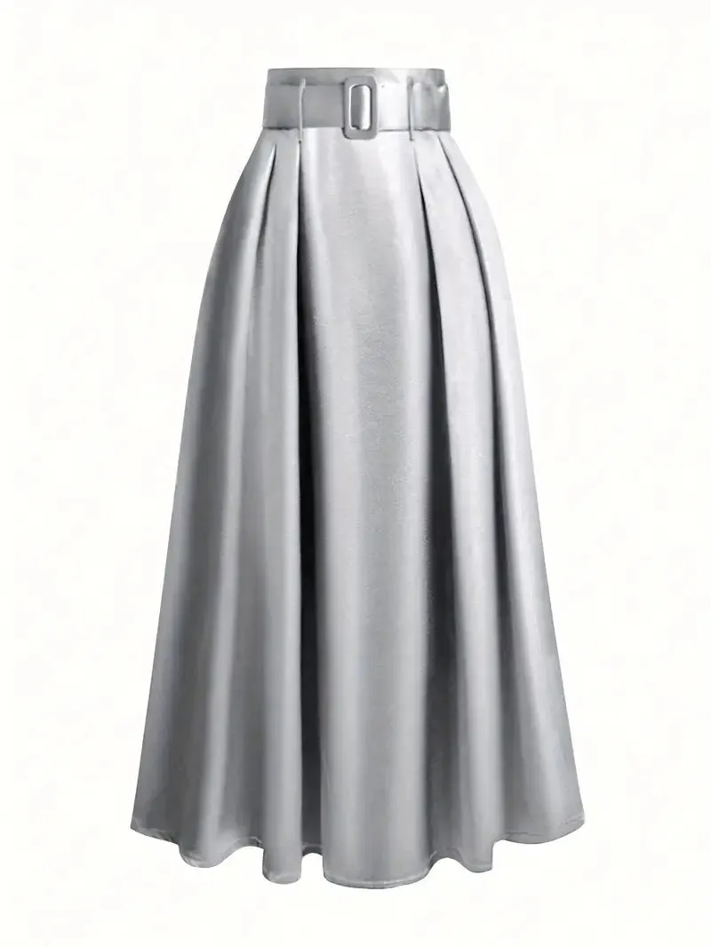 Women's high waist pure color satin skirt with lace-up detail in black, front view