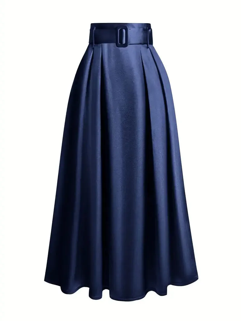Women's high waist pure color satin skirt with lace-up detail in black, front view
