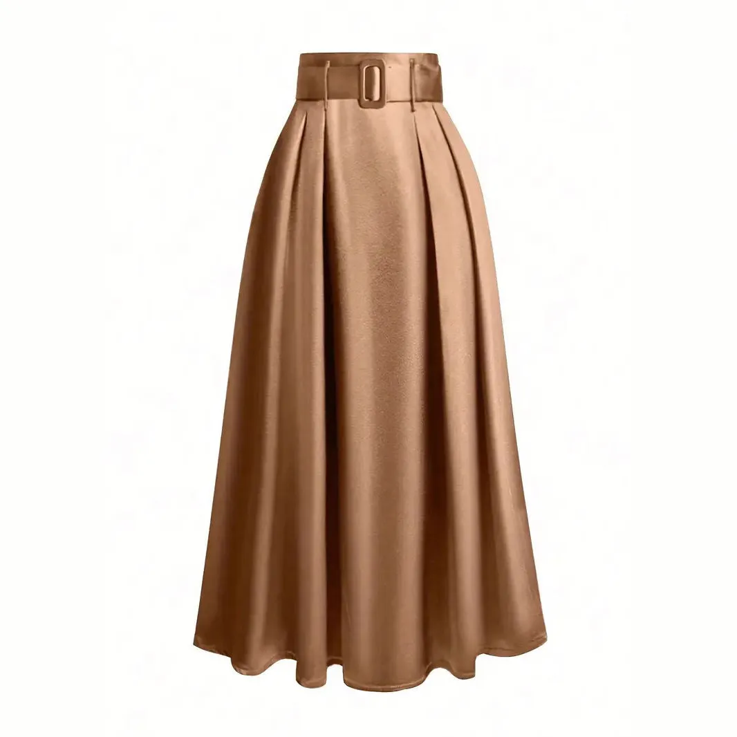 Women's high waist pure color satin skirt with lace-up detail in black, front view