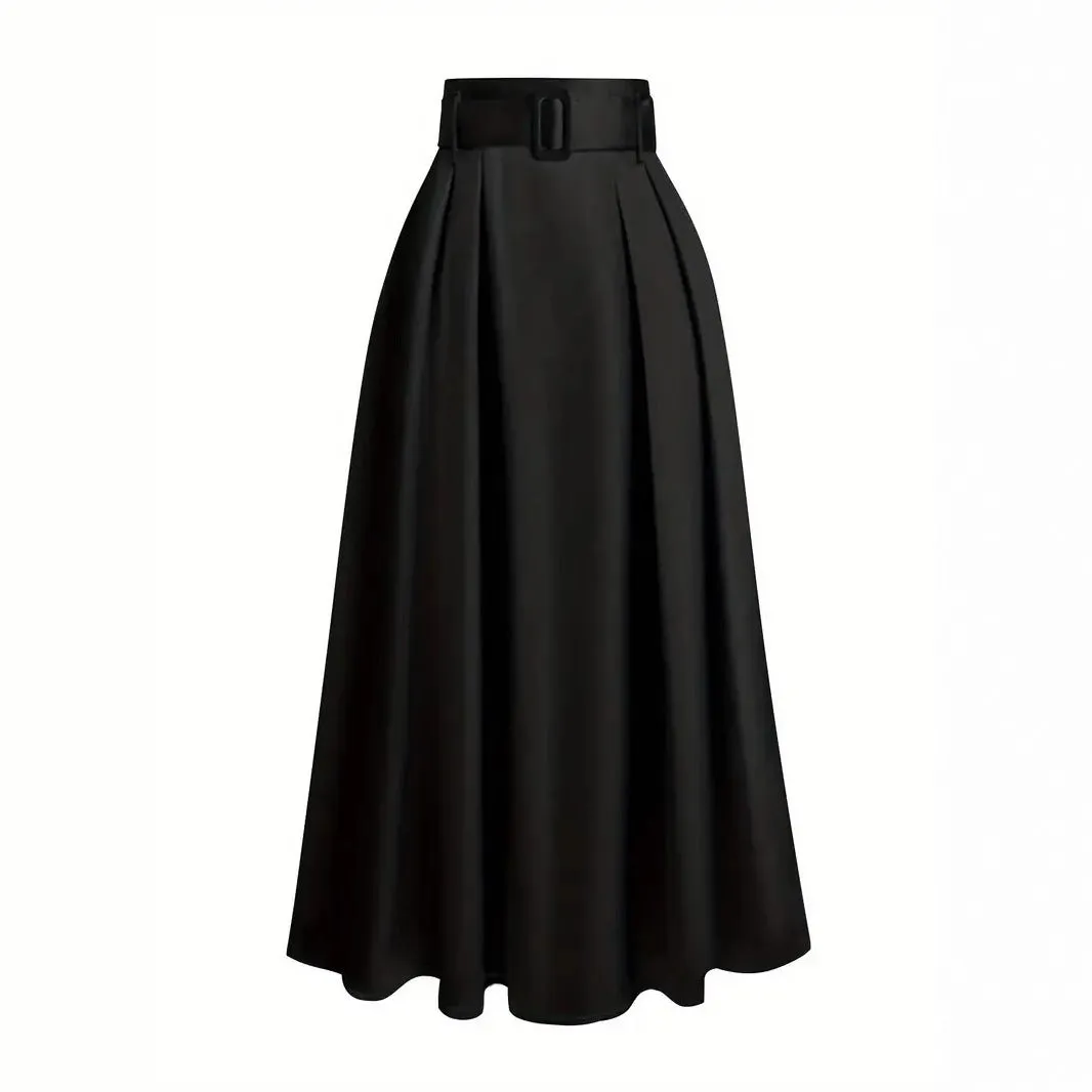 Women's high waist pure color satin skirt with lace-up detail in black, front view