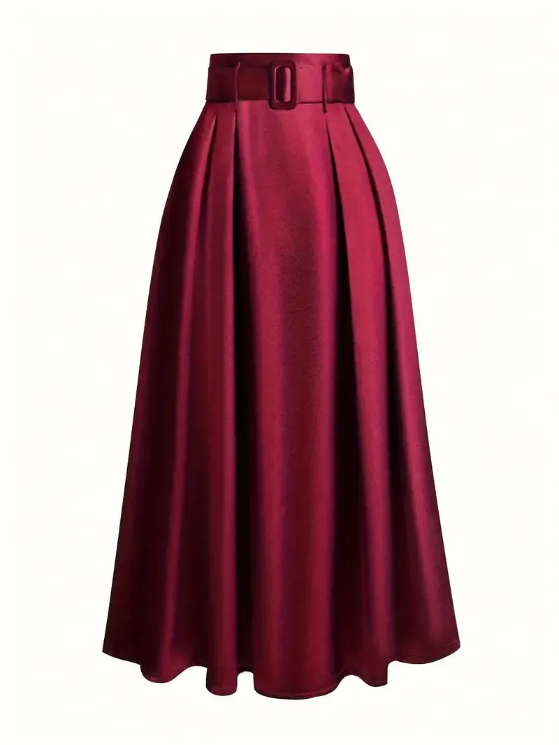 Women's high waist pure color satin skirt with lace-up detail in black, front view