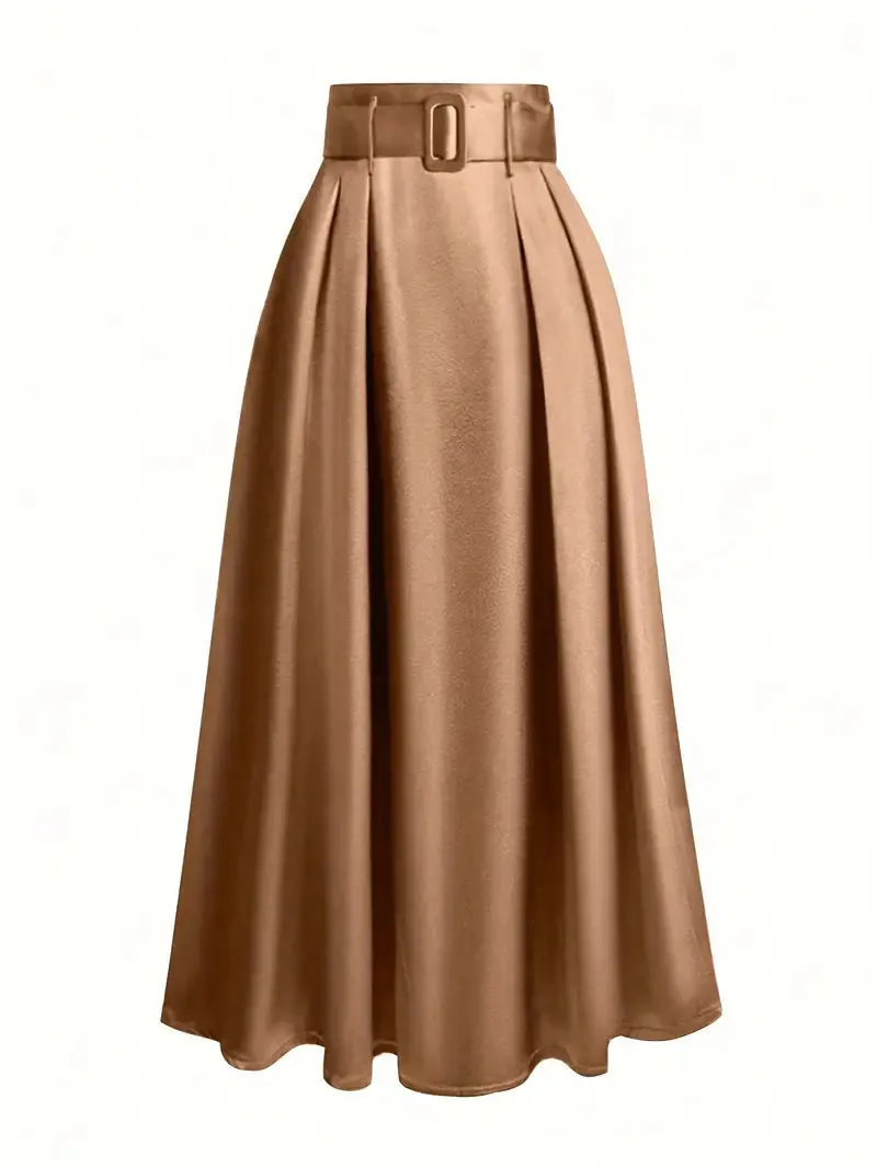Women's high waist pure color satin skirt with lace-up detail in black, front view