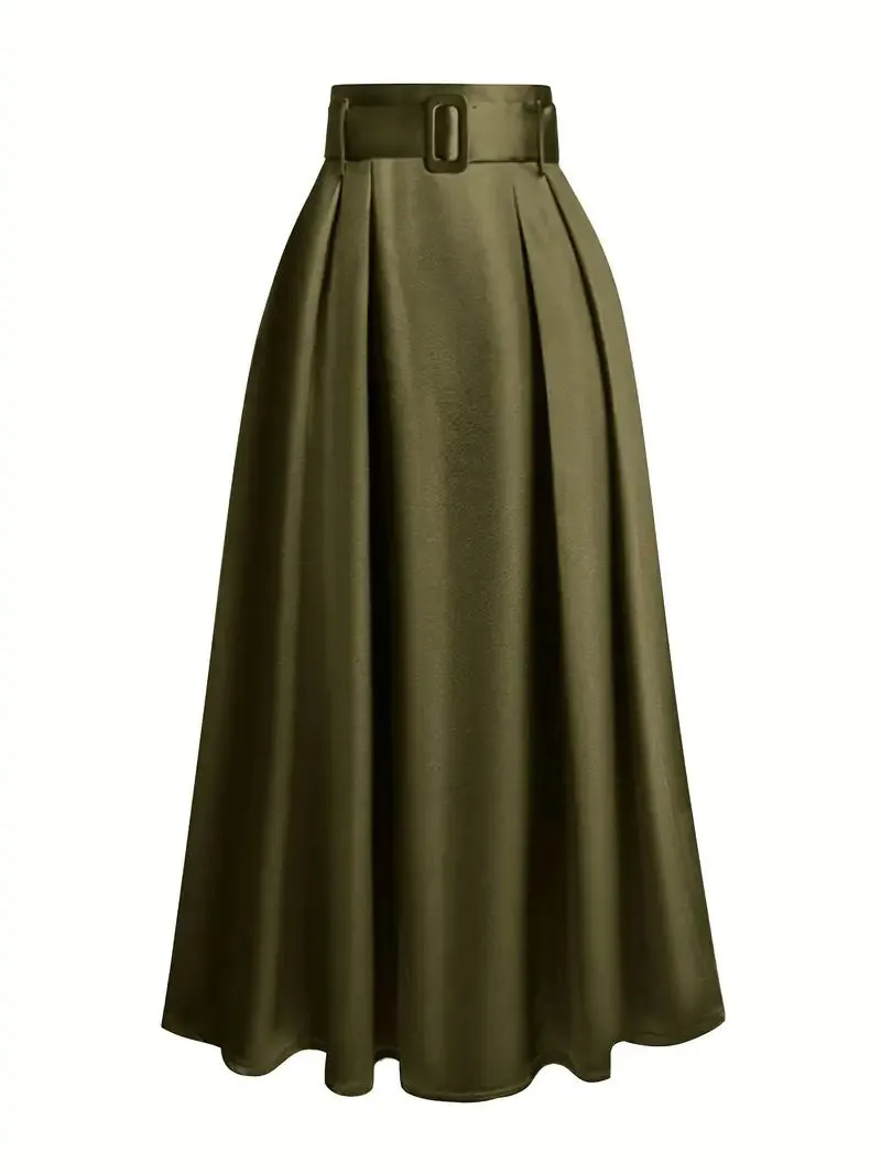 Women's high waist pure color satin skirt with lace-up detail in black, front view