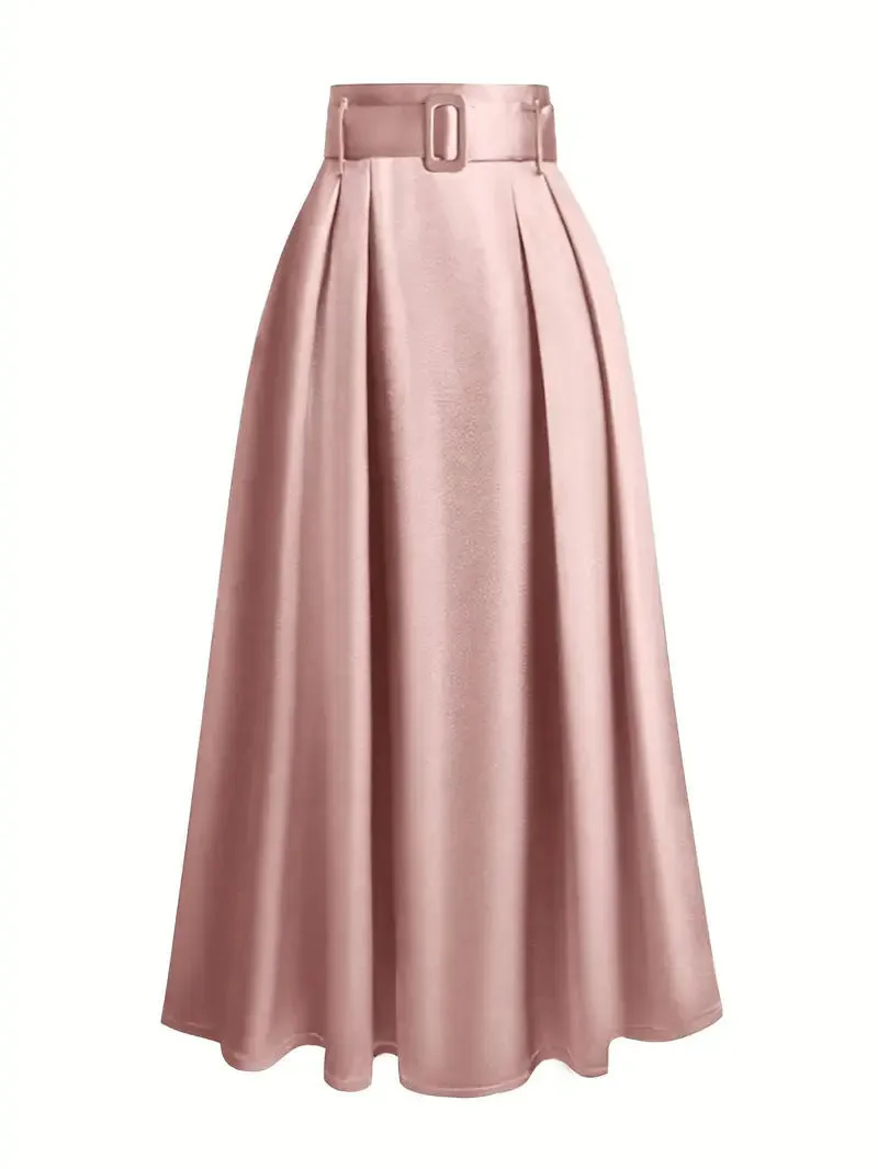 Women's high waist pure color satin skirt with lace-up detail in black, front view